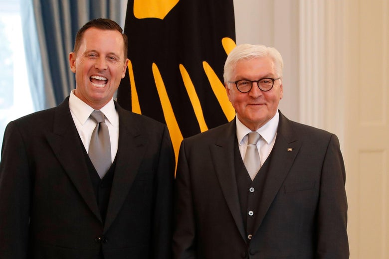 Richard Allen Grenell makes a face while posing with German President Frank-Walter Steinmeier.